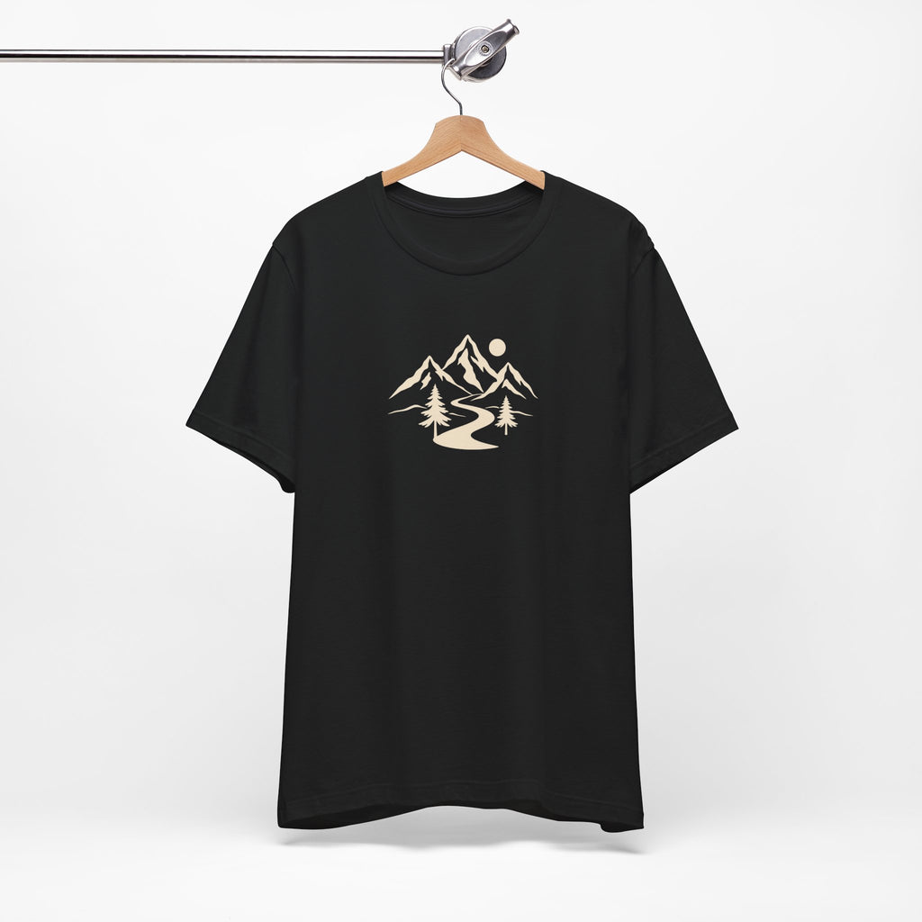 Black Mountain Trail Tee hanging on a hanger, showing the cream outdoor graphic on the front.