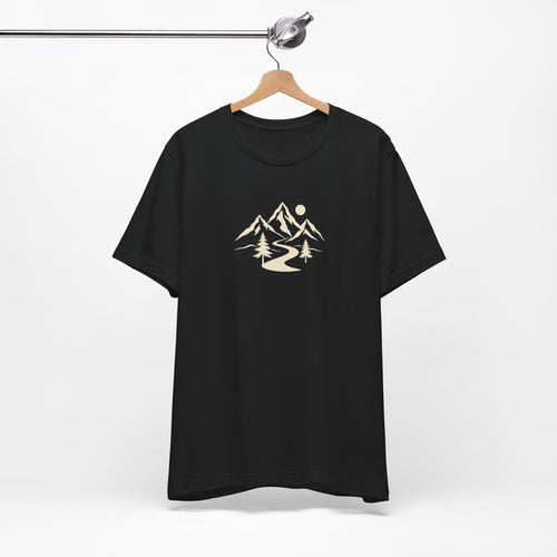 Black Mountain Trail Tee hanging on a hanger, showing the cream outdoor graphic on the front.