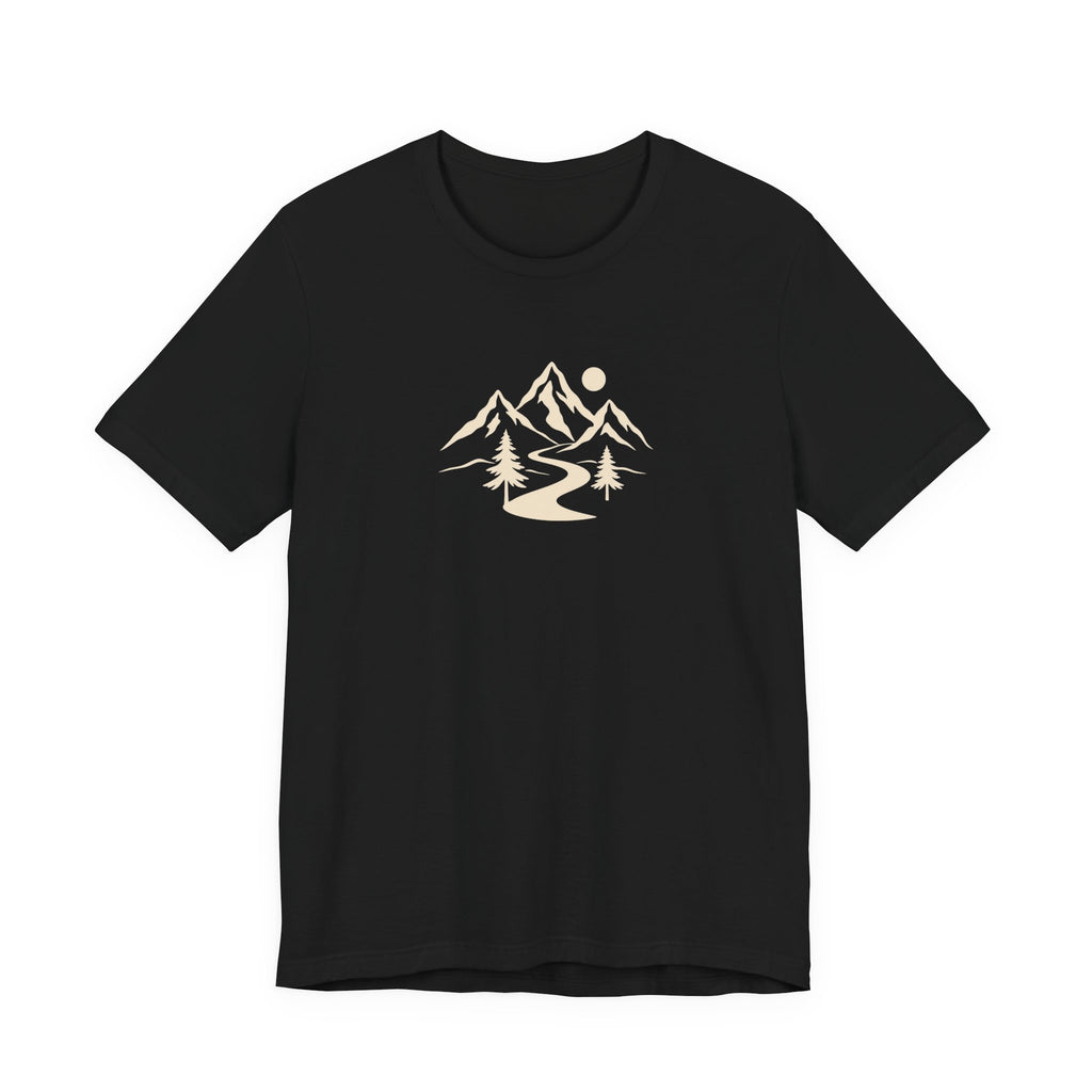 Black Mountain Trail Tee with a cream mountain, pine trees and winding trail graphic on the front.
