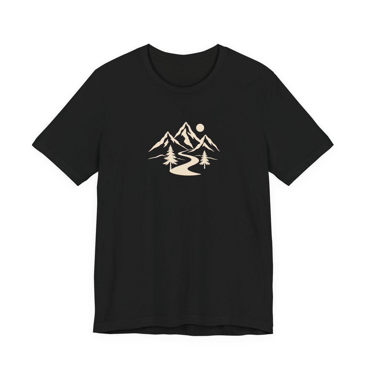 Black Mountain Trail Tee with a cream mountain, pine trees and winding trail graphic on the front.