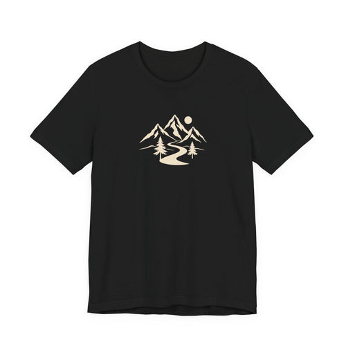 Black Mountain Trail Tee with a cream mountain, pine trees and winding trail graphic on the front.